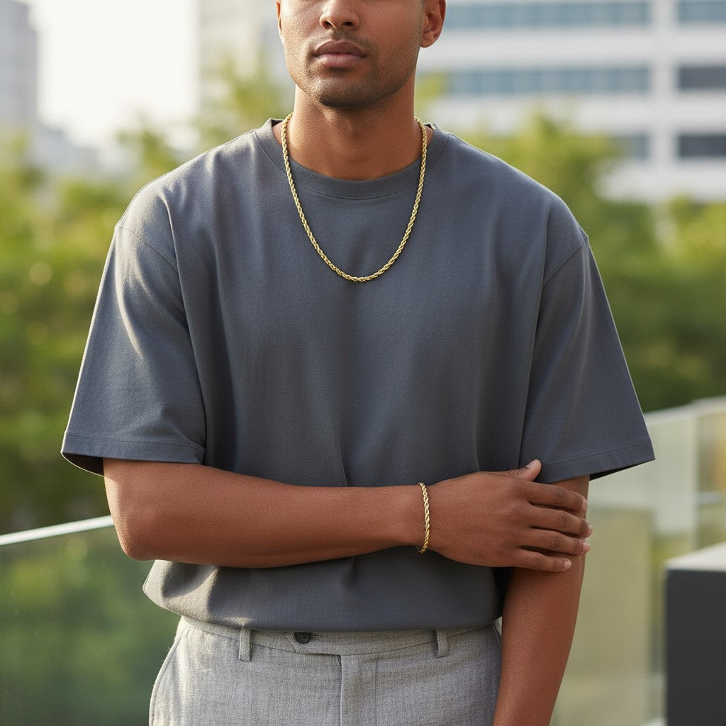 Tyrona 3mm gold rope chain necklace and bracelet set for men, crafted from stainless steel with 18K gold plating.