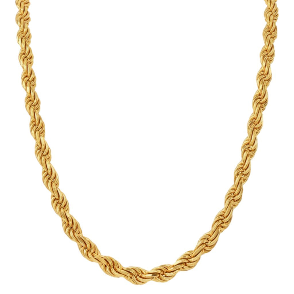 Tyrona 5mm gold rope chain necklace made of stainless steel with 14K gold PVD coating. Hypoallergenic and waterproof.
