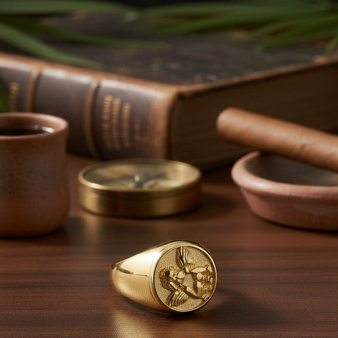 Tyrone Guardian Cherub Ring, gold stainless steel signet ring with detailed angel motif, perfect for everyday wear.