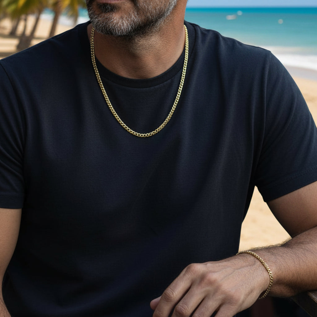 Tyronea 5mm gold Cuban link chain and bracelet set crafted from stainless steel with 14K gold plating.