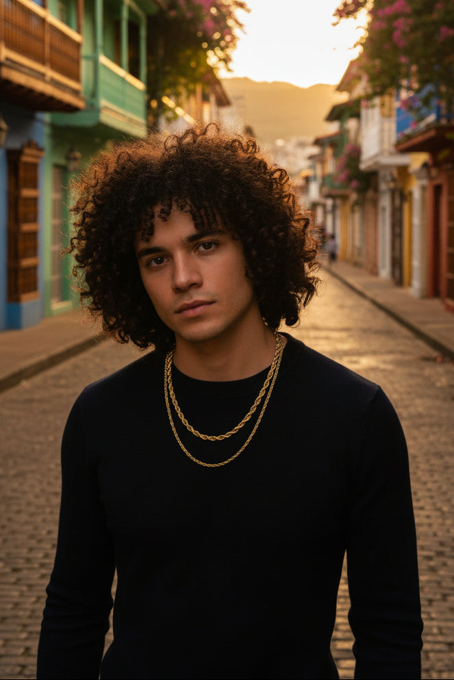 Tyrona gold rope chain stack, 5mm and 3mm, 18K gold plated stainless steel.