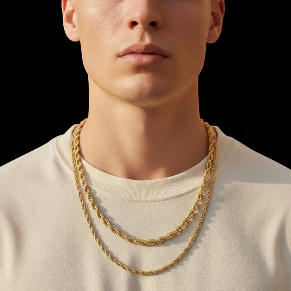 Tyrona gold rope chain stack set with 5mm and 3mm chains, made of stainless steel with 18K gold plating.