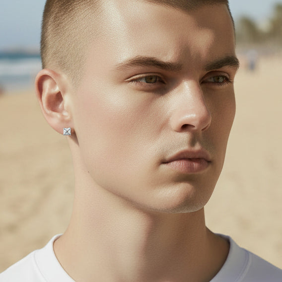 Tyrona men's square cut moissanite stud earrings in sterling silver with gold plating. 1ct each stone.