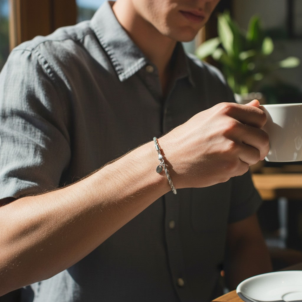 Tyrone silver stainless steel 3mm rope bracelet with lobster clasp and oval tag. Textured, durable, and versatile for everyday wear.