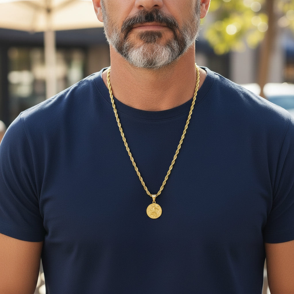Tyrona gold stainless steel St. Michael Archangel pendant with detailed engraving and rope chain. Symbol of protection and strength.
