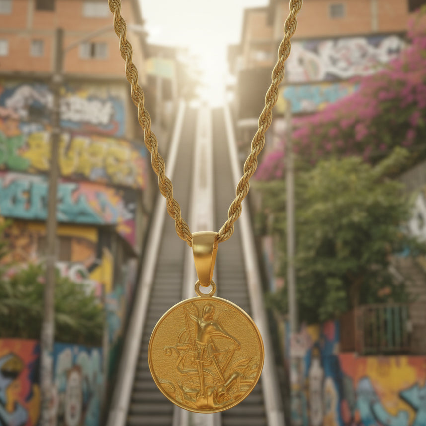 Tyrona gold stainless steel St. Michael Archangel pendant with rope chain, detailed engraving of Saint Michael.