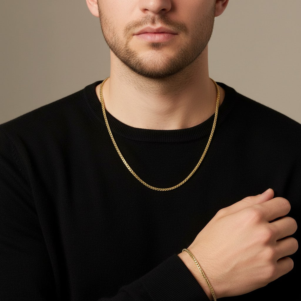 Tyrona 18K gold plated stainless steel 3mm Franco chain necklace and bracelet set for men.