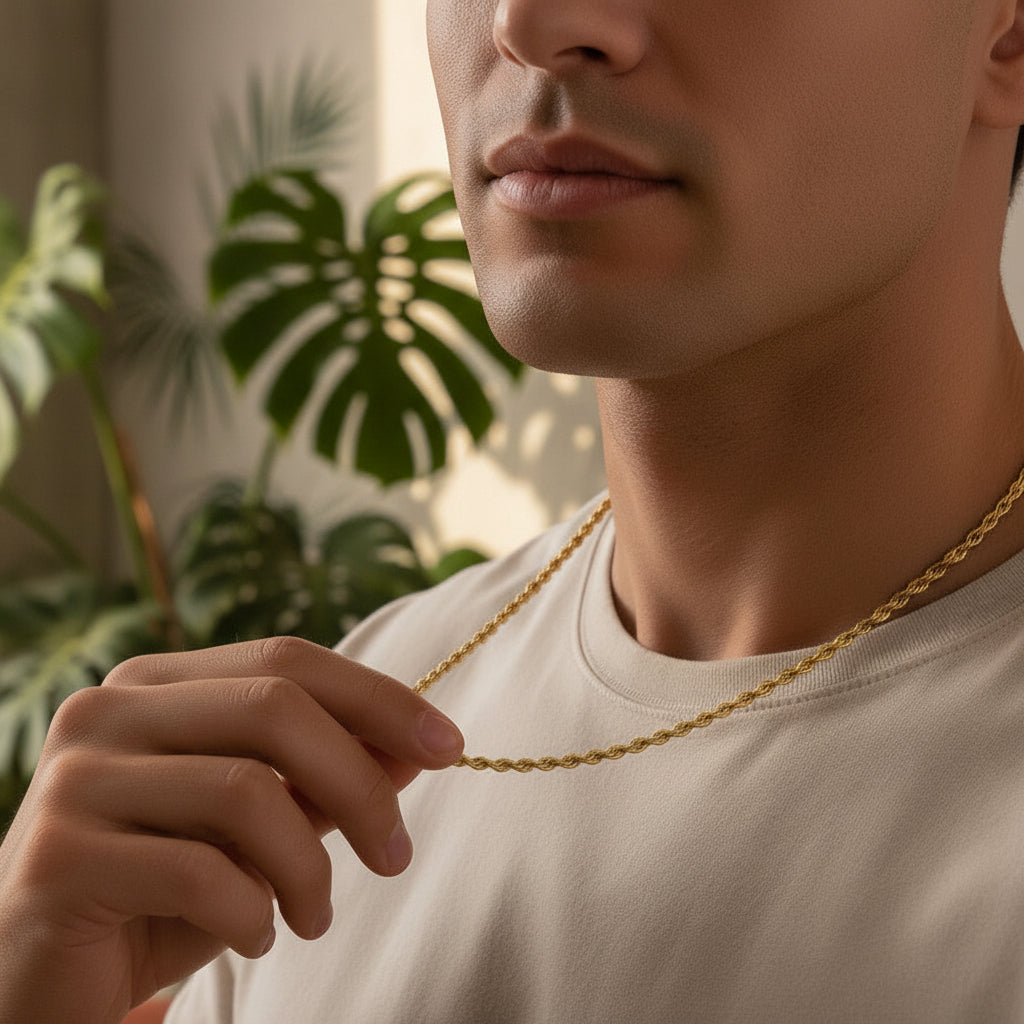 Tyrona 3mm gold rope chain necklace, classic twisted link design.