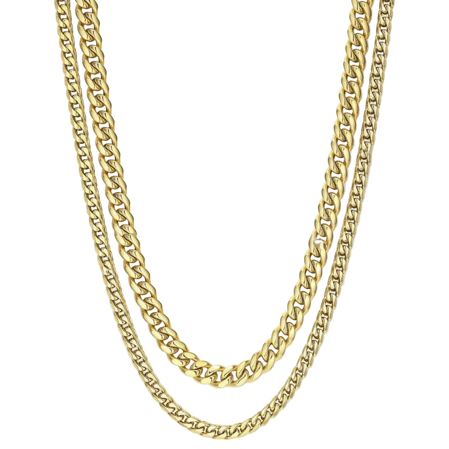 Tyrone Cuban Link Chain Stack: two gold-plated stainless steel chains, 5mm and 3mm, for layered style.