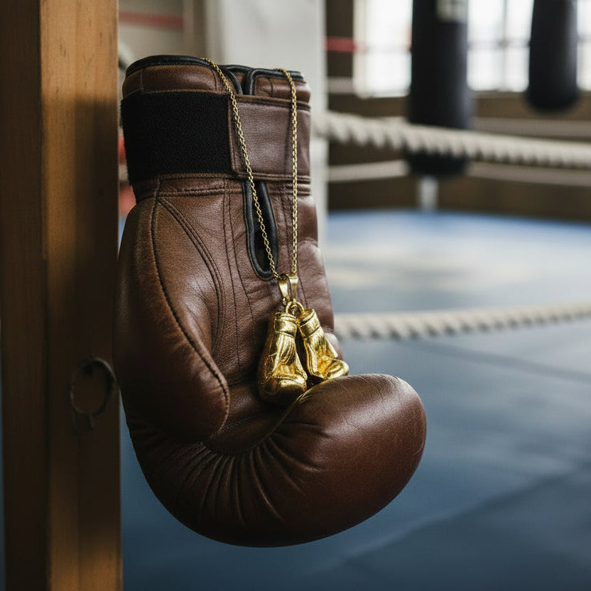 Tyrona gold stainless steel boxing glove pendant necklace symbolizing strength and resilience.