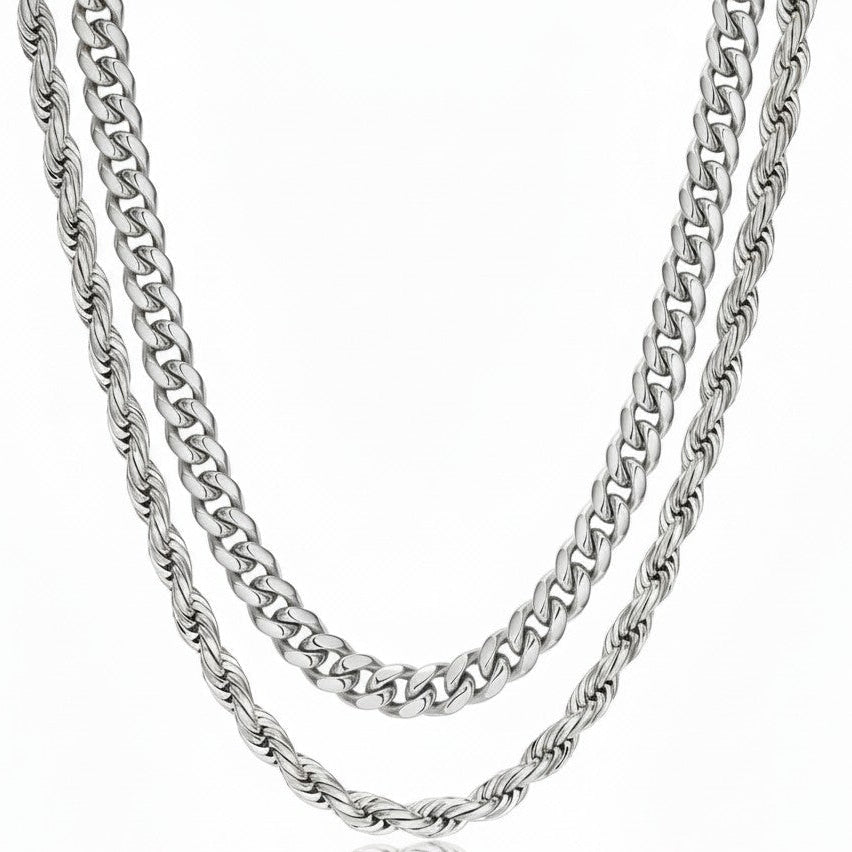 Tyrona gold plated stainless steel Cuban and rope chain stack for men. Layered necklace set.