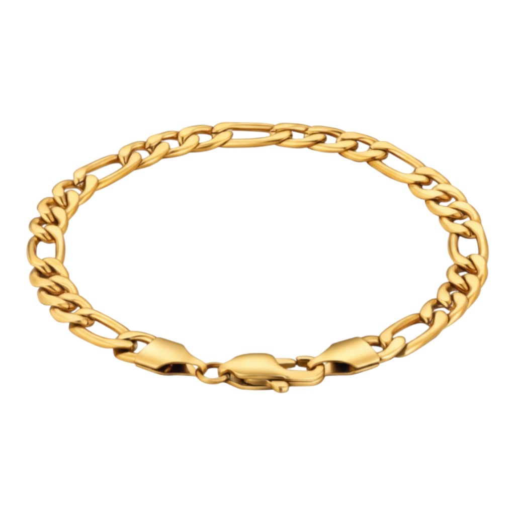 Tyrona 5mm gold plated stainless steel Figaro link bracelet with lobster clasp. Classic chain design.