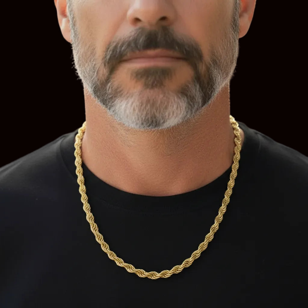 Tyrona 5mm gold rope chain necklace made from stainless steel with 14K gold plating. Waterproof and durable.