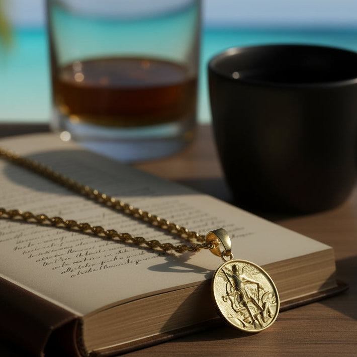 Tyrona gold stainless steel St. Michael Archangel pendant with rope chain. Detailed engraving symbolizes protection and strength.