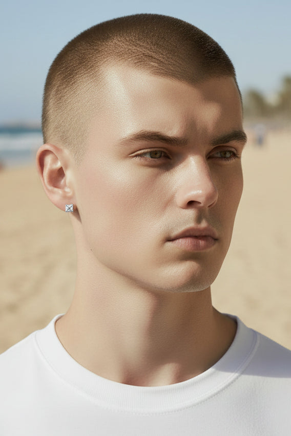 Tyrona men's square cut moissanite stud earrings in sterling silver with gold plating. 1ct each stone.