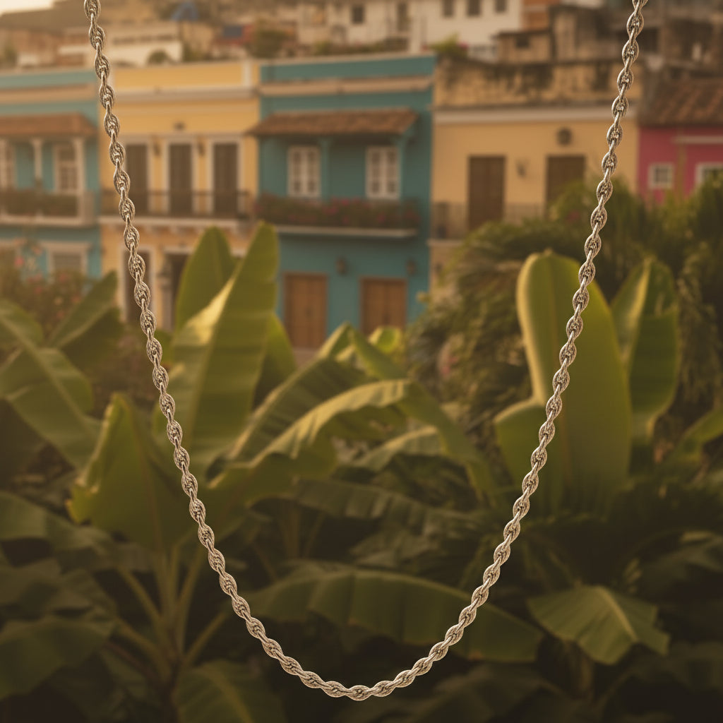Tyrona silver 3mm rope chain necklace, classic twisted link design.